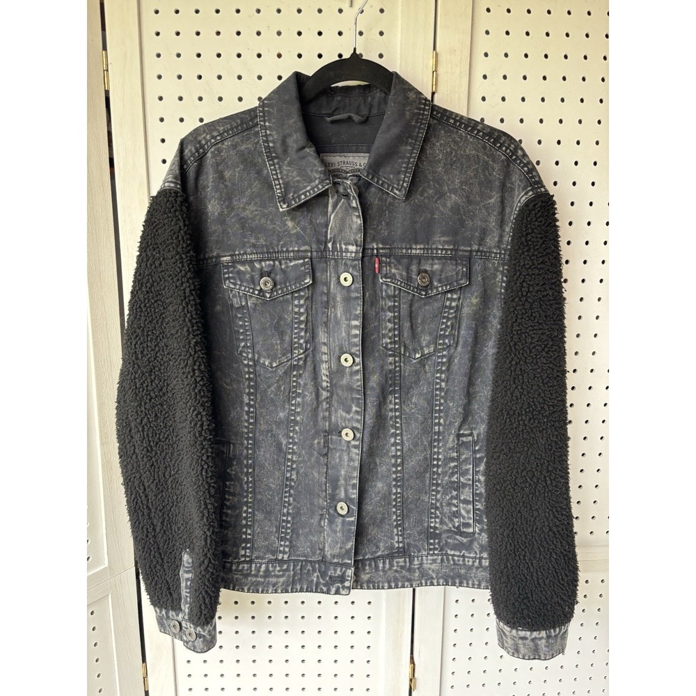 Levi's Women's M Black Acid Wash Denim Jean Trucker Jacket Zip Sherpa Sleeves